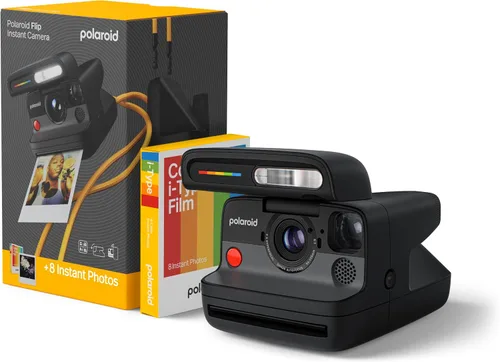 Polaroid Flip - Cámara instantánea + paquete de película a color (16 fotos incluidas) - Negro (6565) - Sistema de 4 lentes hiperfocal, enfoque