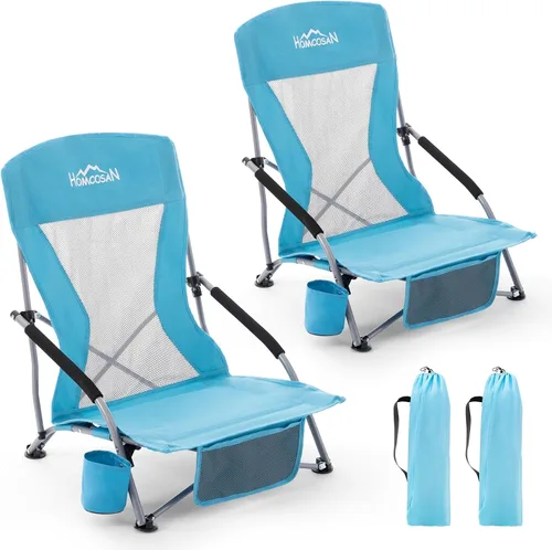 Miniatura 17 de Homcosan Silla de playa portátil baja plegable con paraguas desmontable, silla de campamento ligera para adultos con portavasos y bolsillo