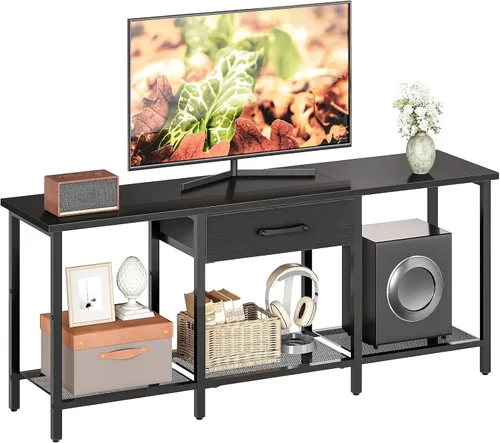HOOBRO Soporte de TV para televisores de hasta 55 pulgadas, centro de entretenimiento con cajón de tela y estantes abiertos, mesa consola industrial