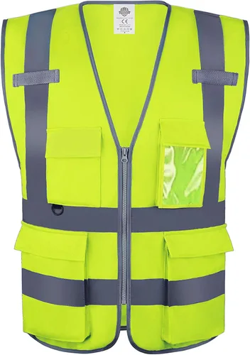 Dazonity - Chaleco de seguridad de alta visibilidad con múltiples bolsillos y cremallera, XL, tiras reflectantes, apto para hombres y mujeres,