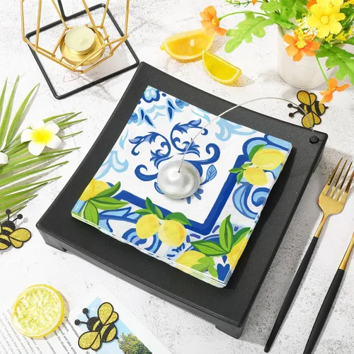 Miniatura 4 de JarThenaAMCS 80 servilletas de papel de limón de azulejos cian-azul amarillo servilletas de almuerzo acuarela limón desechables servilletas de cena
