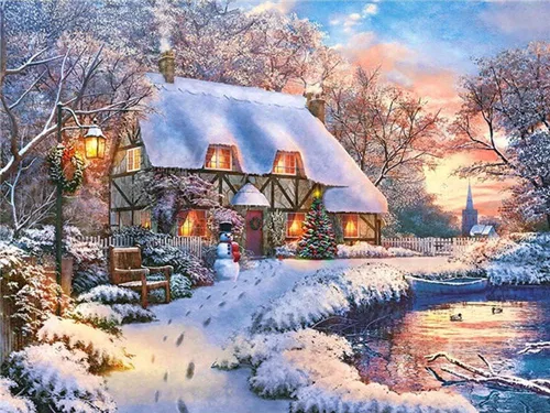 wifreo Pintura de diamante 5D con escena de nieve navideña, kit de pintura de diamantes por números para adultos y niños, bordado redondo de punto