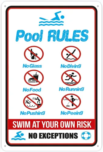 Miniatura 2 de Letrero de metal con texto en inglés «No Lifeguard On Duty», «Swim At Your Own Risk», letrero de metal nostálgico para piscina, decoración de pared