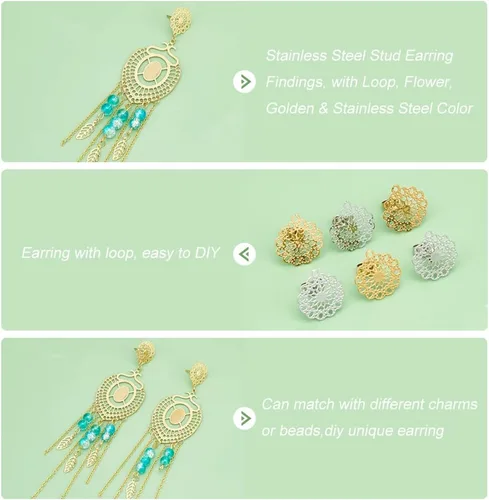 Miniatura 5 de UNICRAFTALE Alrededor de 24 aretes bohemios con bucle de acero inoxidable de filigrana hueca con tapones, tuercas de oreja de 0.028 in para 2