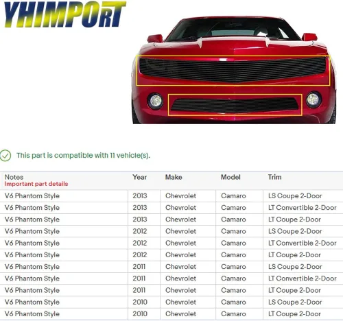 Miniatura 2 de Combo de rejilla frontal negra Billet para Chevy Camaro LT/LS V6 Phantom estilo principal superior inferior parachoques aluminio Billet Grill