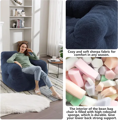 Miniatura 8 de Recaceik Sillas de Puf, Silla de Puf Relleno Suave con Bordes, Sofá Perezoso Esponjoso, Silla de Puf Gigante Imperial para Dormitorio, Sala de Azul