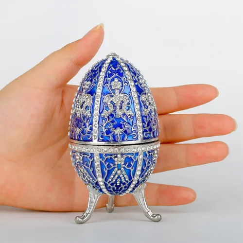 Huevo de Faberge azul con más de 600 mini cristales de diamantes de imitación esmaltados de Faberge, cajas de joyería decorativas con bisagras para