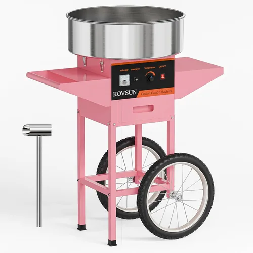 Miniatura 14 de ROVSUN Carrito de máquina de algodón de azúcar de 21 pulgadas, máquina eléctrica de algodón para hacer hilo dental con tapa, cuenco de acero Rosa