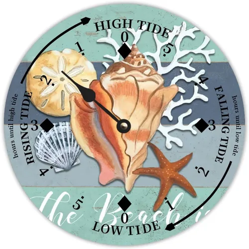Miniatura 26 de Reloj de marea de madera con concha de caracola, hora del océano, marea alta costera, reloj de marea baja, movimiento de marea náutica de madera