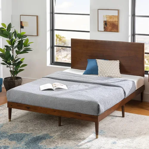 Miniatura 7 de Zinus Deluxe cama de madera estilo de medio siglo con cabecero, sin necesidad de colchon de resortes, Pino, Marrón