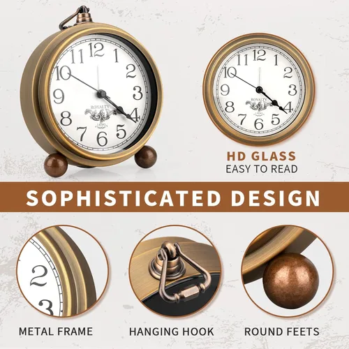 Miniatura 2 de Maxspace Reloj de mesa de metal dorado, retro vintage sin tictac, pequeño reloj despertador, funciona con pilas, movimiento de cuarzo silencioso