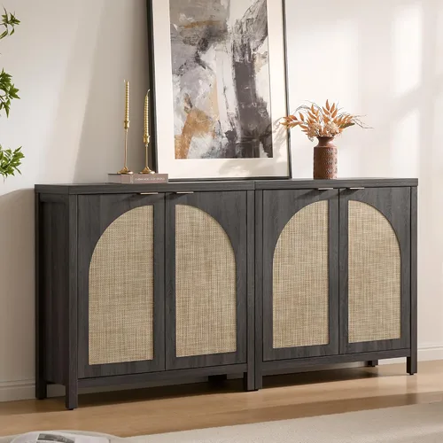 Miniatura 8 de SICOTAS Juego de 3 aparadores de ratán de 102 pulgadas de ancho, armario de almacenamiento moderno Credenza con puertas de arco y estantes, Roble