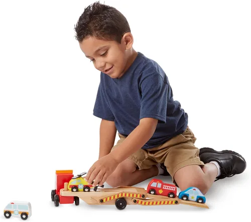 Miniatura 3 de Melissa & Doug Emergency Vehicle Carrier camión de madera con 4 vehículos de rescate
