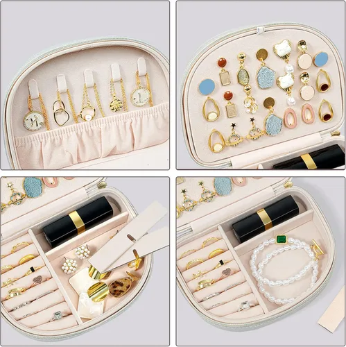 Miniatura 3 de ProCase Joyero de tamaño de viaje, pequeño estuche de joyería portátil en forma de concha, mini organizador de joyas de 2 capas en piel sintética