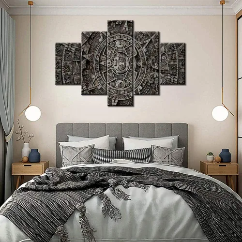 Miniatura 56 de Arte de pared con varios paneles, calendario maya, imágenes de piedra del sol, pinturas de civilización azteca sobre lienzo, sala de estar