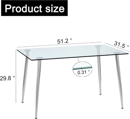 Miniatura 2 de Mesa de comedor rectangular moderna y minimalista de cristal para 4 y 6 personas con mesa de vidrio templado de 0.31 pulgadas y patas de metal