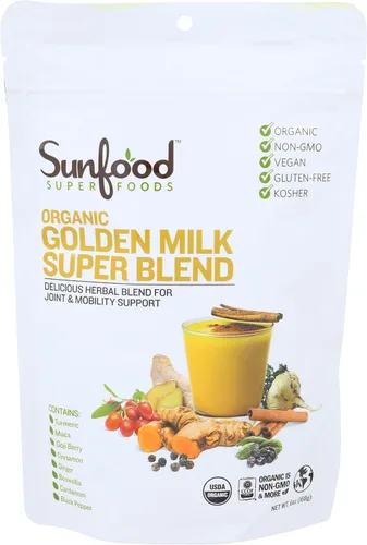 Sunfoods Golden Milk Super Blend - Superalimento Leche Dorada, Polvo de Cúrcuma, Superalimento con Cúrcuma y Jengibre, Pimienta Negra, Canela y