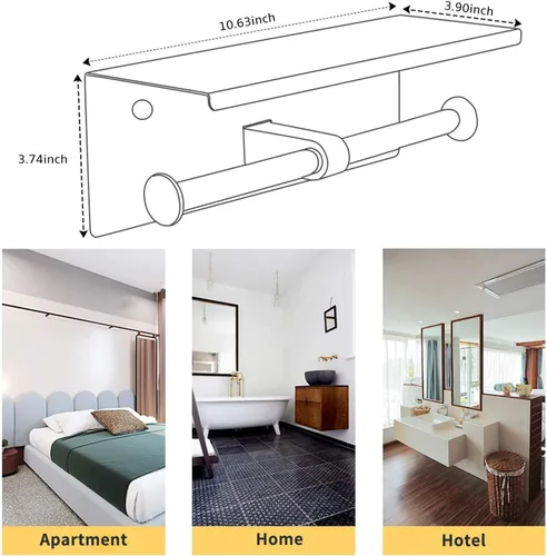 Miniatura 7 de BGL Portarrollos de papel higiénico de acero inoxidable con estante montado en la pared para baño (plateado, doble cabeza)