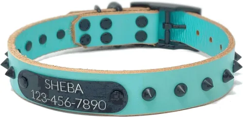 Miniatura 13 de Personalized Spiked Bridle Leather Dog Collar, Engraved Matte Black Metal Nameplate (Mustard Yellow)