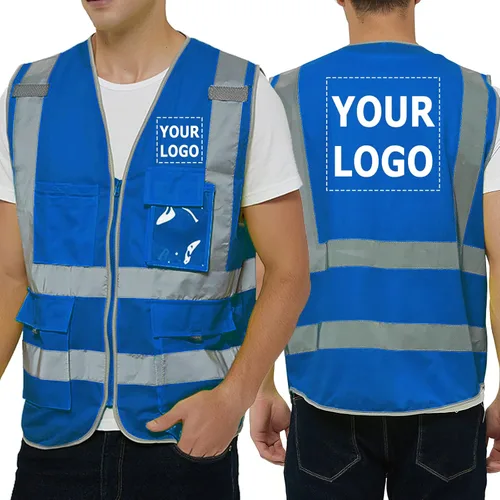 TopTie Personaliza tu logotipo reflectante chaleco de seguridad cremallera frontal con 9 bolsillos, cumple con las normas ANSI/ISEA Clase 2 Azul