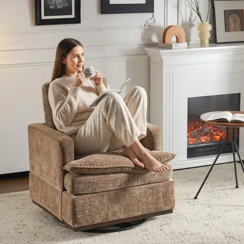 VINGLI Silla giratoria de 360° con cojines de asiento de doble capa, sillón giratorio moderno, silla de club cuadrada tapizada para sala de estar,