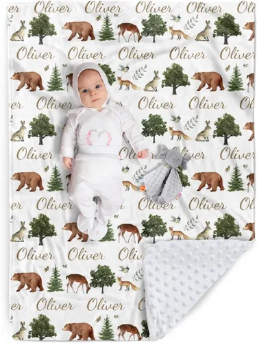 Miniatura 17 de Manta de bebé personalizada, nombre personalizado con diseño de animales del bosque, manta de felpa suave con respaldo punteado de doble capa