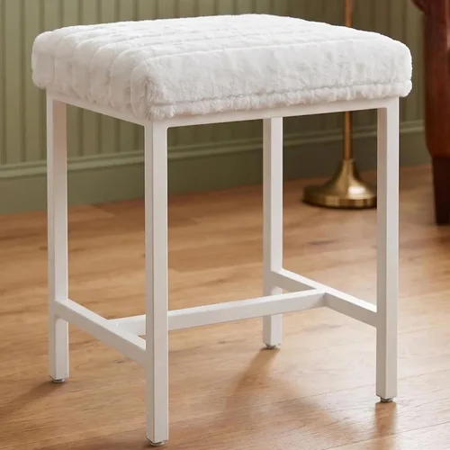 Taburete Pequeño de Tocador, Lindos Taburetes de Tocador con Suave Cojín de Pelo Sintético de Conejo, Silla de Maquillaje Blanca para Espacios
