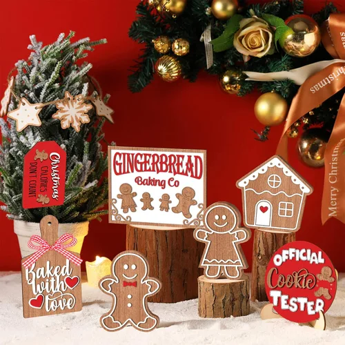 Miniatura 5 de Jetec 12 piezas de decoración de bandeja escalonada de Navidad, pan de jengibre, casa de pan de jengibre, copos de nieve, letrero de madera