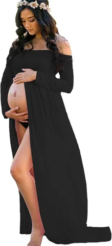 YnimioAOX Vestido de maternidad de manga larga con hombros descubiertos para mujer, para fotografía, vestido de maternidad de gasa para sesión de