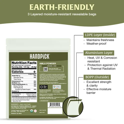 Miniatura 2 de HANDPICK - Polvo orgánico de amla (14 onzas) amalaki, certificado por el USDA, sin organismos modificados genéticamente 100 % crudo y natural