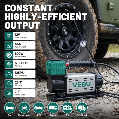 Miniatura 9 de Compresor de aire de 12 V, inflador de neumáticos de 125 PSI con medidor de presión en línea, inflado rápido de 5.65 CFM para vehículos todoterreno