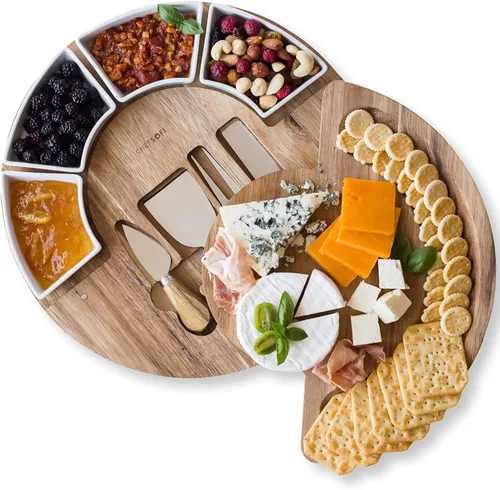 ChefSofi Juego de tabla de charcutería y plato para servir queso, hecho de madera de acacia, juego de tabla de queso y cuchillos patentado por
