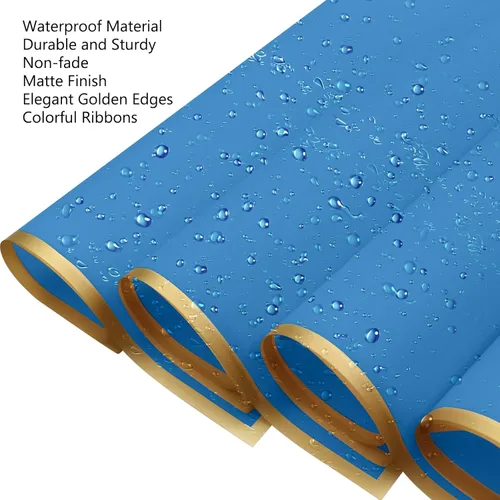 Miniatura 3 de XHKDSYMC 20 hojas de papel de regalo de flores azul real, 22.24 x 22.24 pulgadas, papel de regalo de ramo floral, borde dorado, impermeable, con 1