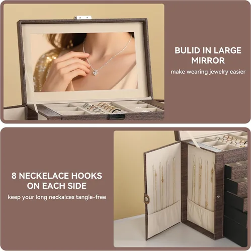 Miniatura 5 de Frebeauty Joyero grande, organizador de joyas de piel sintética de 6 niveles, estuche de almacenamiento multifuncional con espejo, soporte