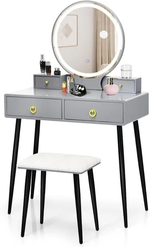 Miniatura 9 de COSTWAY Juego de tocador con espejo y luces, tocador de maquillaje con 3 modos de iluminación de color y brillo ajustable, espejo de tocador