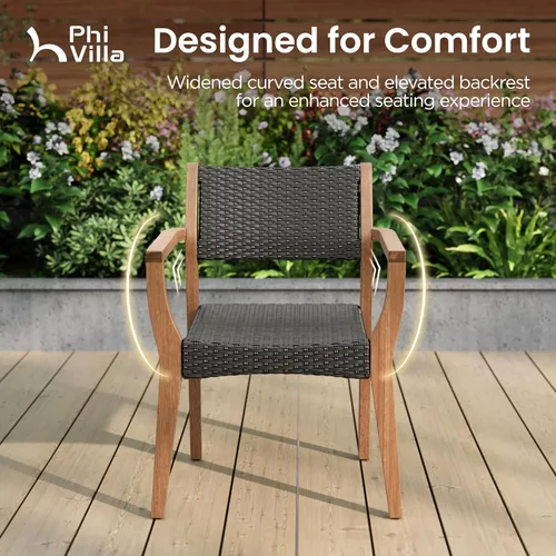 Miniatura 5 de PHI VILLA Juego de 2 sillas de madera de acacia para exteriores, sillones de comedor resistentes con respaldo y asiento de mimbre, muebles