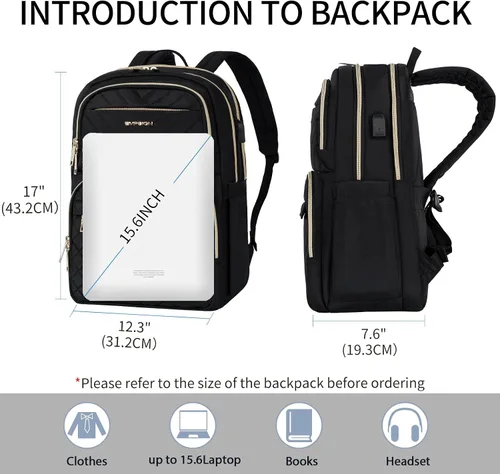 Miniatura 2 de EMPSIGN Mochila Bolso para Laptop para Mujeres y Hombres con Puerto de Carga USB, Mochila de Viaje Resistente al Agua Acolchada de 15.6 Pulgadas