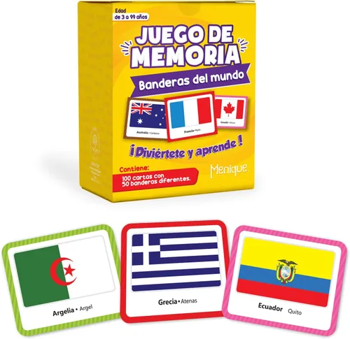 Menique, Juego de Memoria de Banderas del Mundo en español, para niños y adultos. Banderas del Mundo, Juego de Memoria en español, para niños y