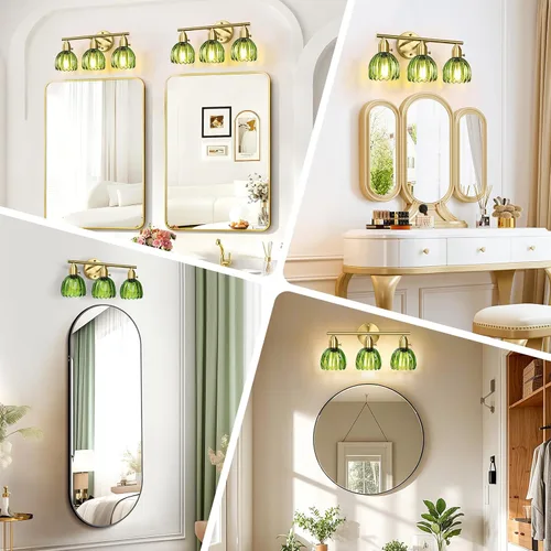 Miniatura 6 de Lámparas de baño – Luces de tocador doradas de 3 luces con pantalla de cristal de tulipán verde, accesorio de iluminación de baño de latón sobre Oro