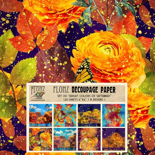 Paquete de papel para decoupage (24 hojas 15x15 cm) Colores brillantes de septiembre # Papel con patrón estilo vintage para decoupage, manualidades