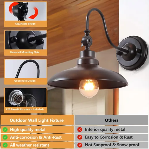Miniatura 6 de Luces de pared para exteriores, color negro mate, cuello de cisne, luz de granero de 9.8 pulgadas, ángulo ajustable, impermeable, lámparas de pared