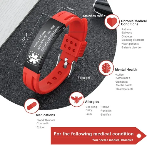 Miniatura 38 de OPALSTOCK Pulseras médicas personalizadas de silicona ajustable para identificación de emergencias, grabado gratuito, 9 pulgadas, resistente al