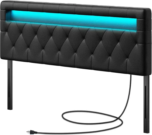 GREENSTELL Cabecero para cama full con 60,000 colores DIY de luz LED, USB y puerto tipo C, marco de fijación, altura ajustable, solo cabeceros Negro