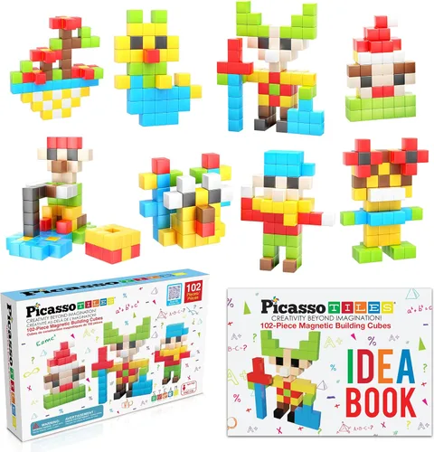 PicassoTiles 102 piezas Cubo de rompecabezas magnético de píxeles de 1" Mezcla y combina juguetes con Ideabook STEM Educación de aprendizaje Bloques