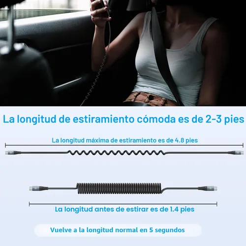 Miniatura 7 de Cable USB C a C de 3 pies, paquete de 2 cables de carga USB C en espiral para automóvil tipo C, cable de carga rápida para iPhone