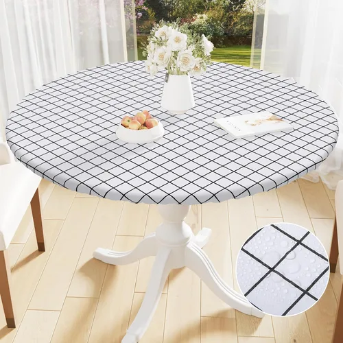 Miniatura 37 de Mantel redondo de vinilo de 36 a 44 pulgadas, mantel elástico impermeable con reverso de franela, mantel de plástico para picnic, campamento, al Café