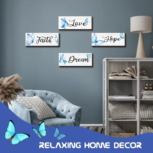 Miniatura 4 de Gerrii 4 piezas de decoración de pared de fe, esperanza, amor, sueño, elegante, primavera, mariposa, madera, decoración para colgar en la Azul