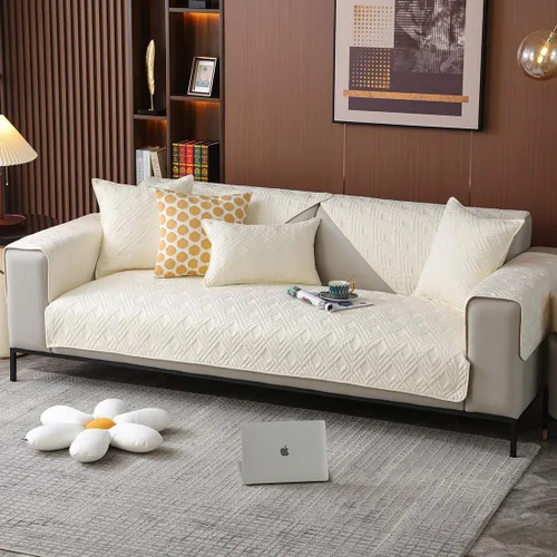 Miniatura 3 de vctops Funda acolchada geométrica para sofá modular de algodón, funda antideslizante en forma de L para niños y perros, respaldo y apoyabrazos, Beige