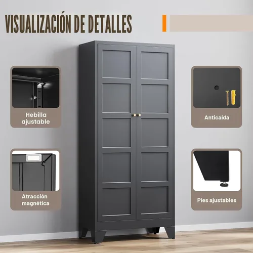 Miniatura 4 de Yizosh - Gabinete de almacenamiento de metal con 2 puertas y 4 estantes ajustables - Gabinete de almacenamiento de cocina de 71 pulgadas color Negro