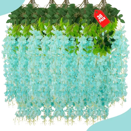 Miniatura 32 de Paquete de 12 flores colgantes de glicina rosa, flores colgantes falsas de 3.44 pies, guirnalda de glicina artificial para decoración de boda, telón